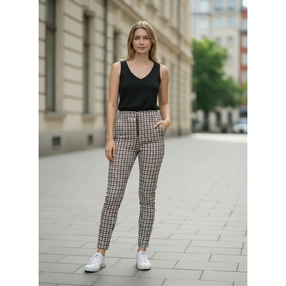 rue21 Womens Plaid High Waisted Skinny Pants Brown Black O-Ring Zipper Size M